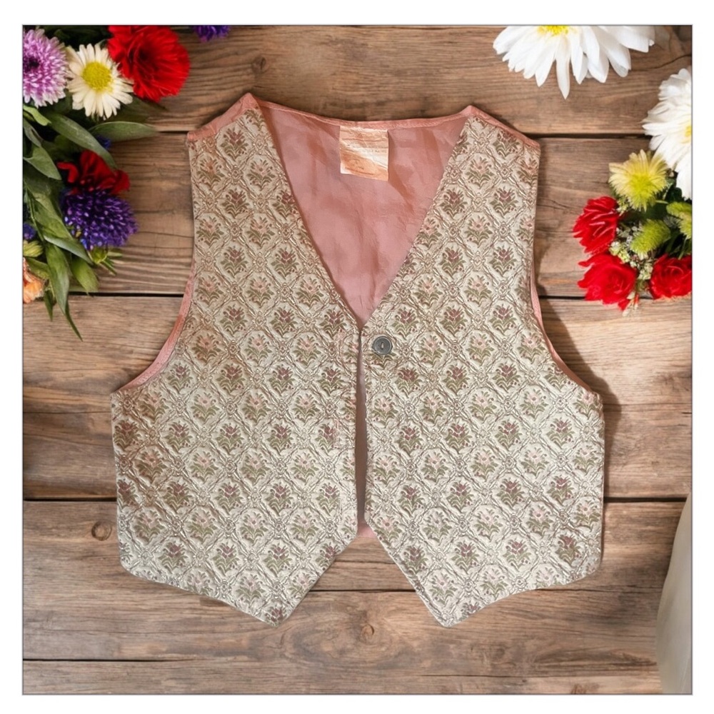 VTG FloralBrocadeJacquardEmbroidered Vest-Beige-Multi-Floral SzXs-S EUC Gorgeous
